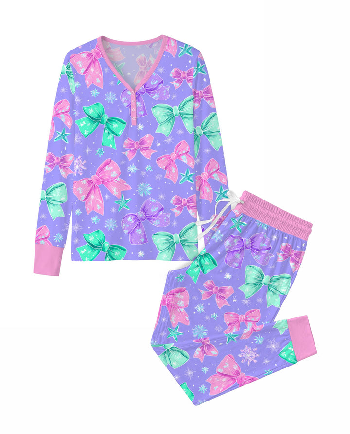 Pastel Coquette Christmas Bows and Snowflakes Bamboo Women Pajama Set