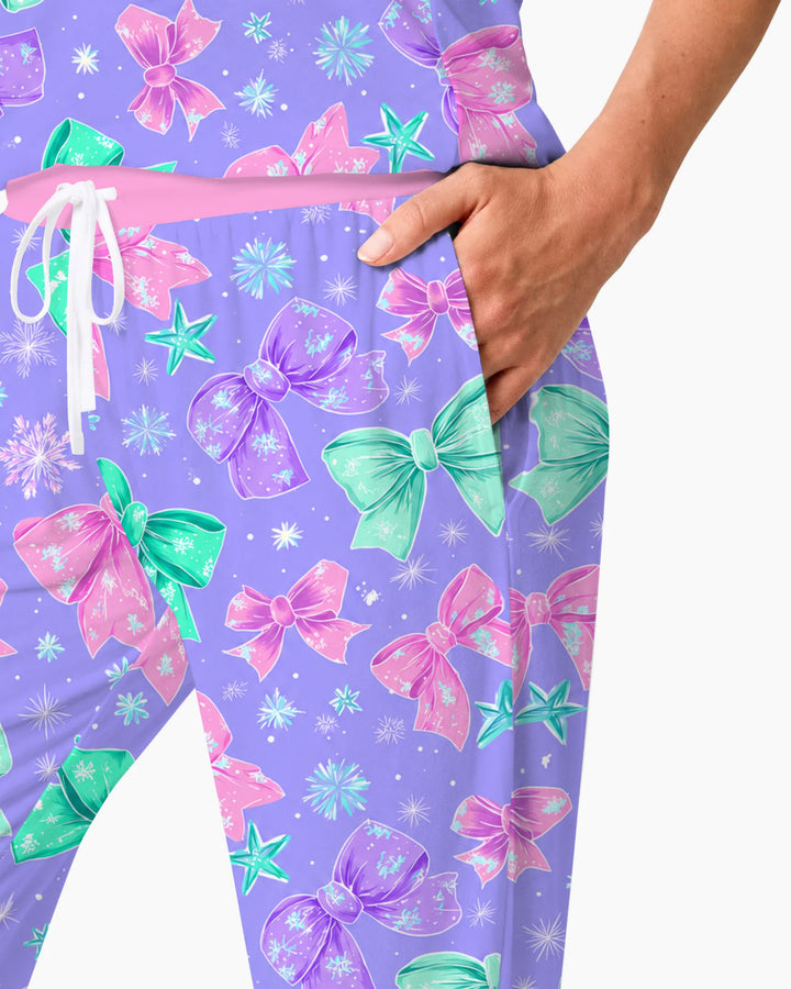 Pastel Coquette Christmas Bows and Snowflakes Bamboo Women Pajama Set