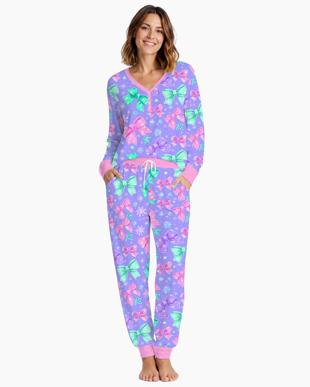 Pastel Coquette Christmas Bows and Snowflakes Bamboo Women Pajama Set