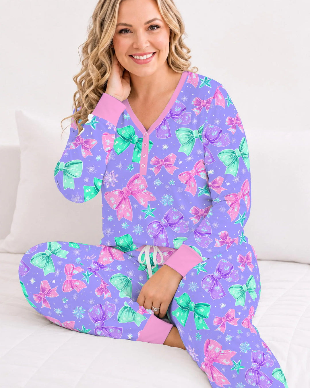 Pastel Coquette Christmas Bows and Snowflakes Bamboo Women Pajama Set