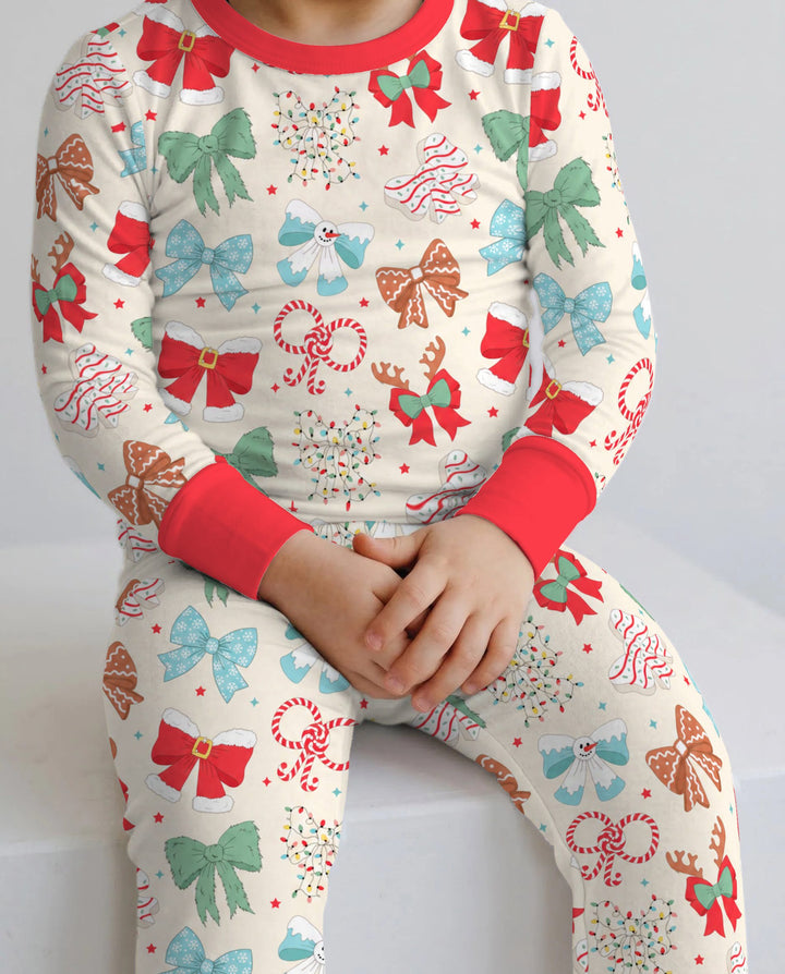 Whimsical Christmas Holiday Bows Bamboo Two Piece Long Sleeve Pajama Set