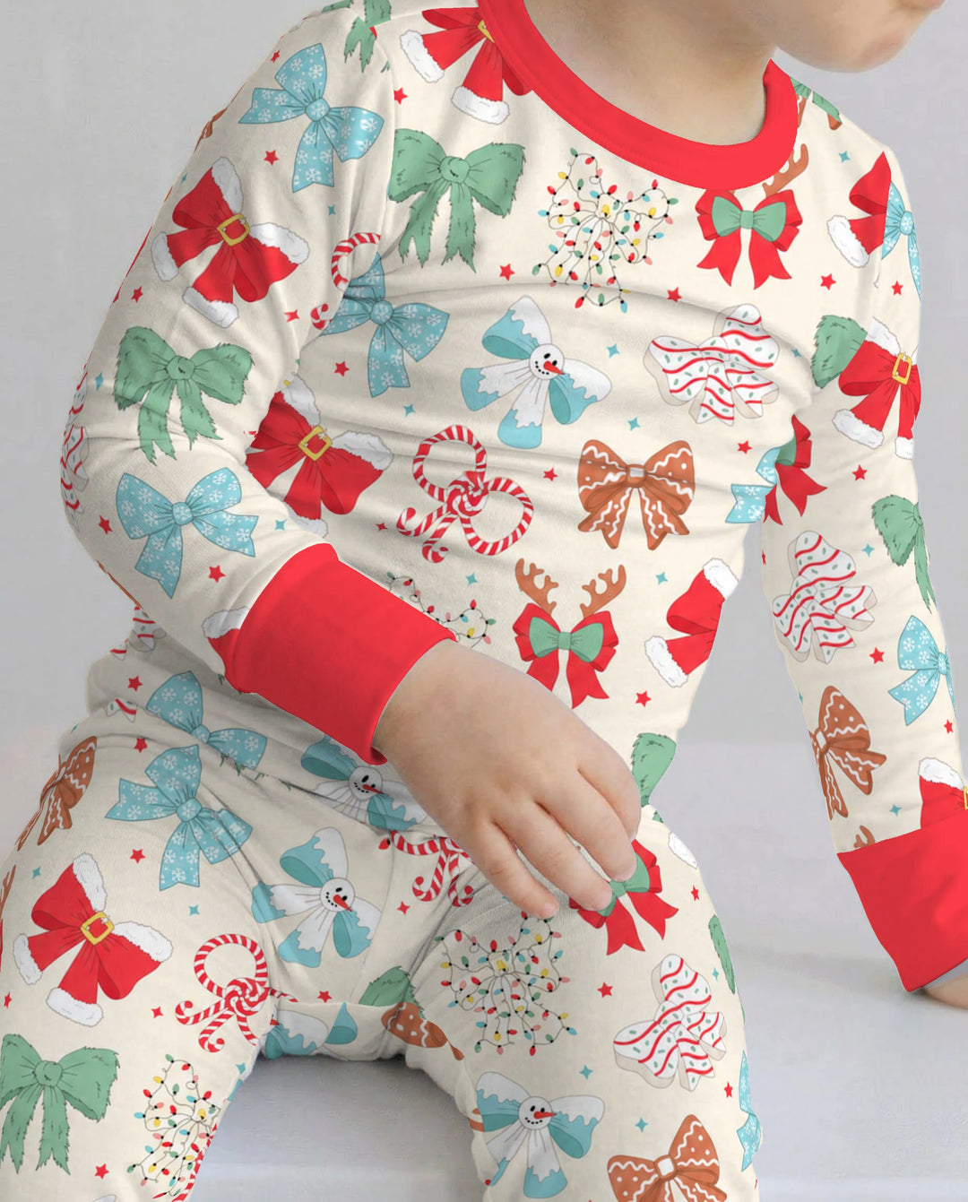 Whimsical Christmas Holiday Bows Bamboo Two Piece Long Sleeve Pajama Set