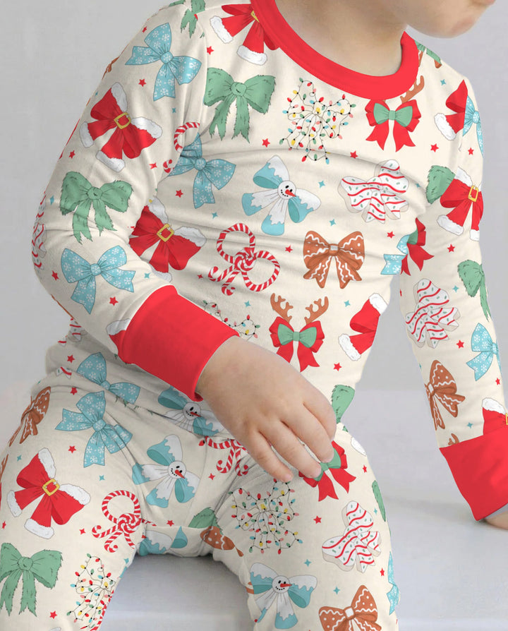 Whimsical Christmas Holiday Bows Bamboo Two Piece Long Sleeve Pajama Set