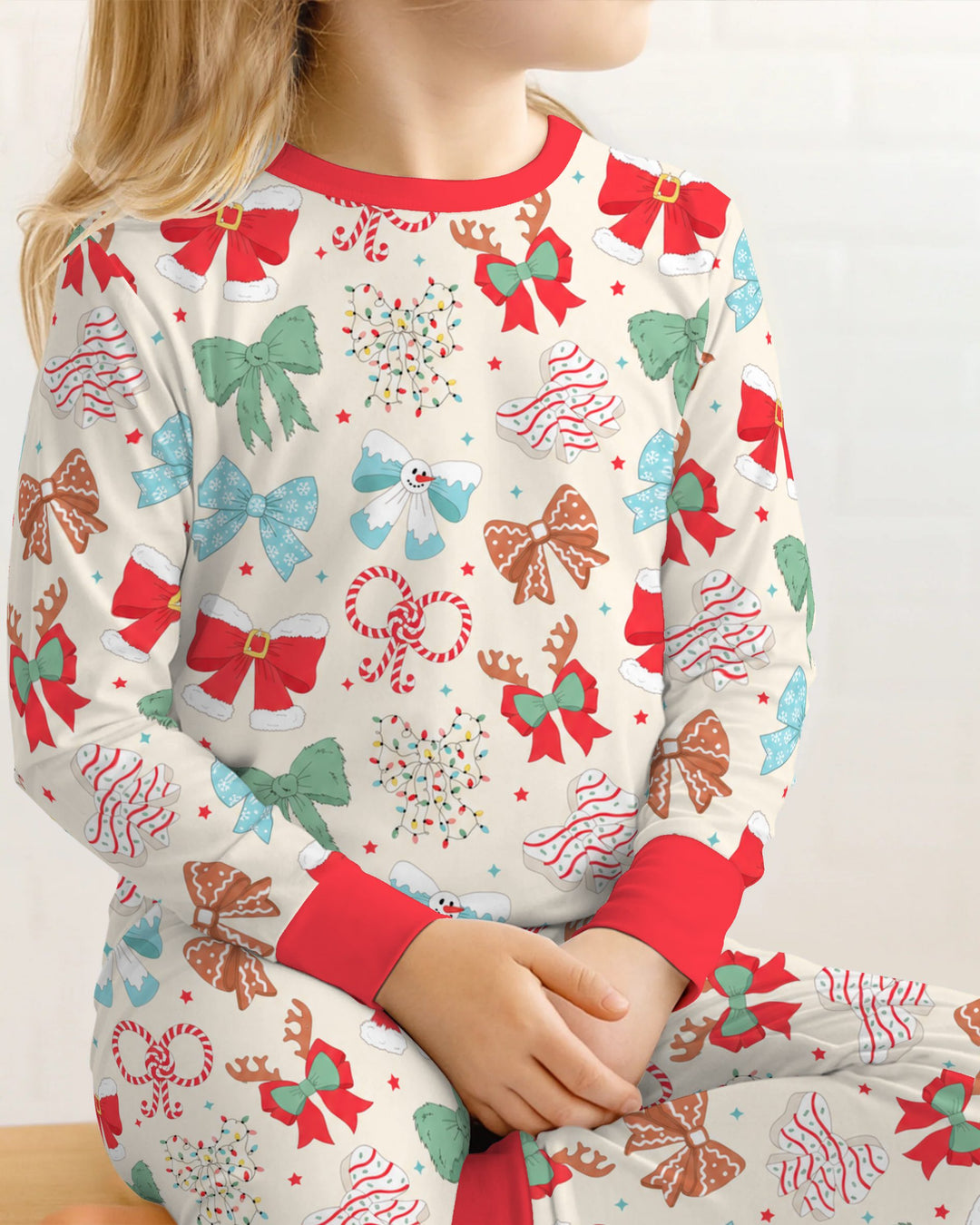 Whimsical Christmas Holiday Bows Bamboo Two Piece Long Sleeve Pajama Set