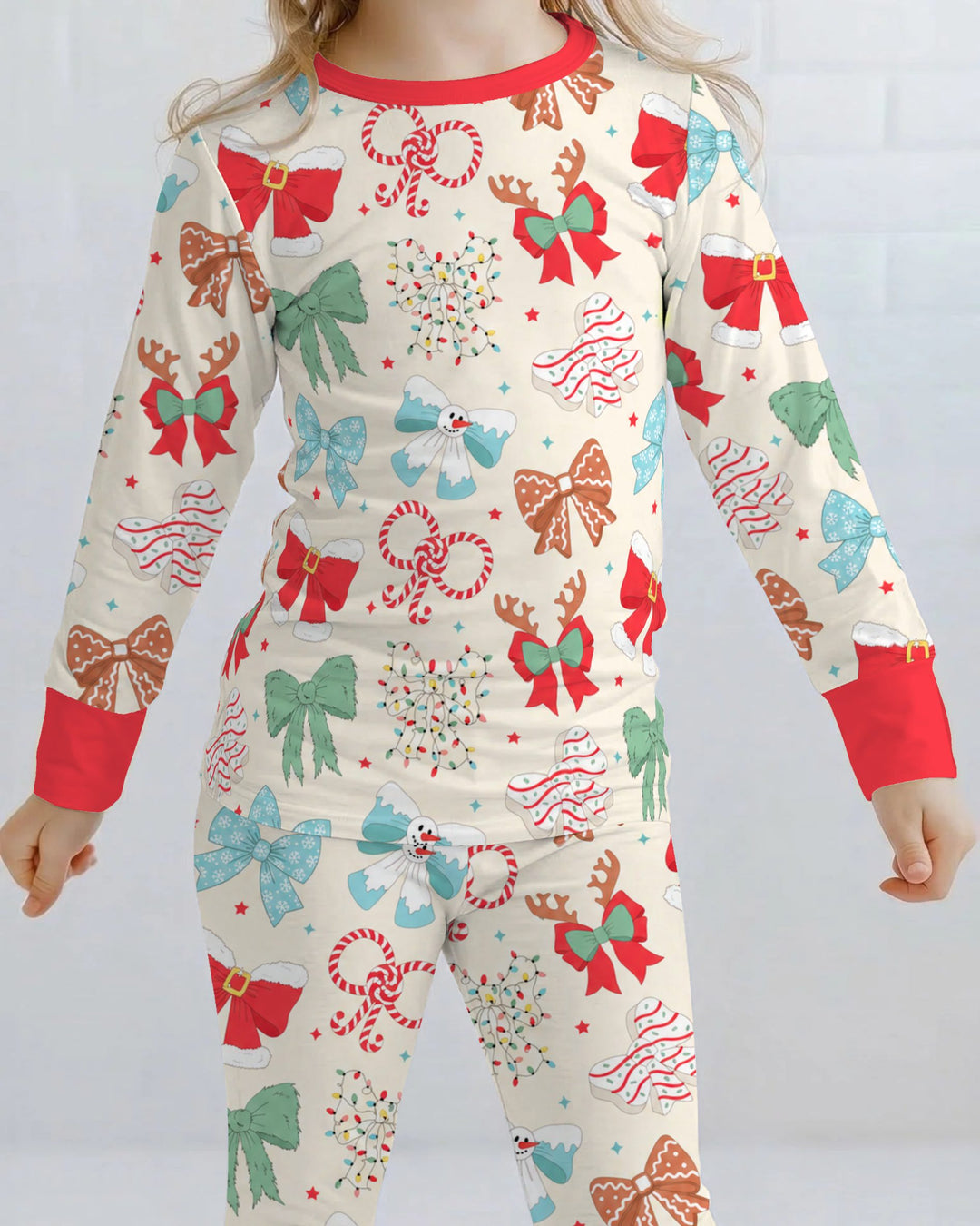Whimsical Christmas Holiday Bows Bamboo Two Piece Long Sleeve Pajama Set