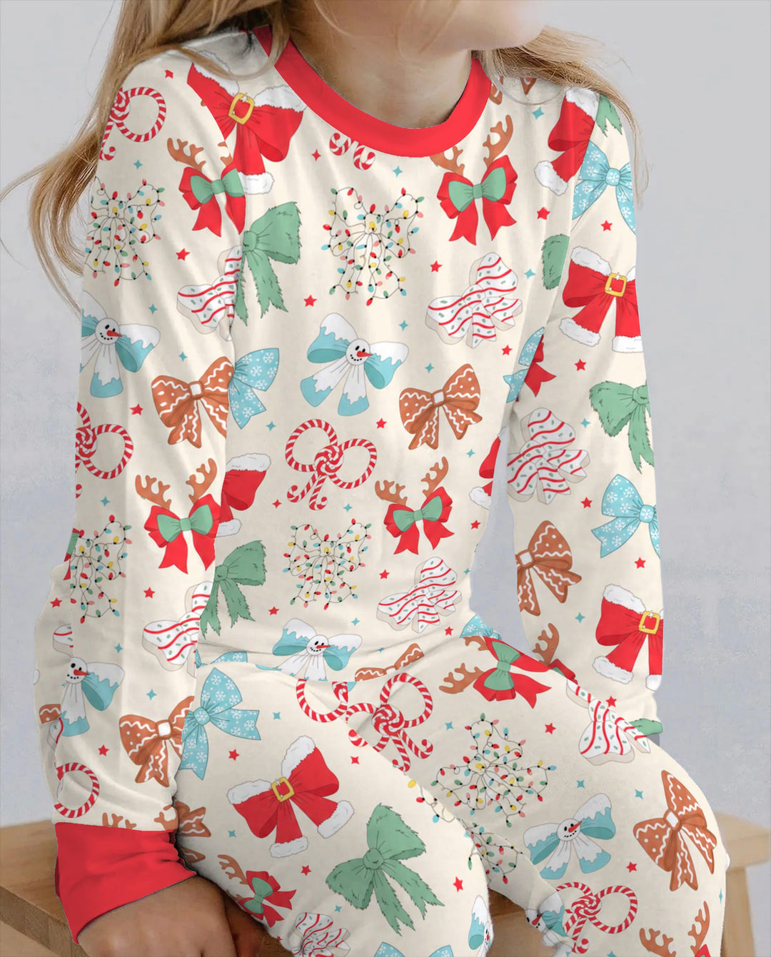 Whimsical Christmas Holiday Bows Bamboo Two Piece Long Sleeve Pajama Set