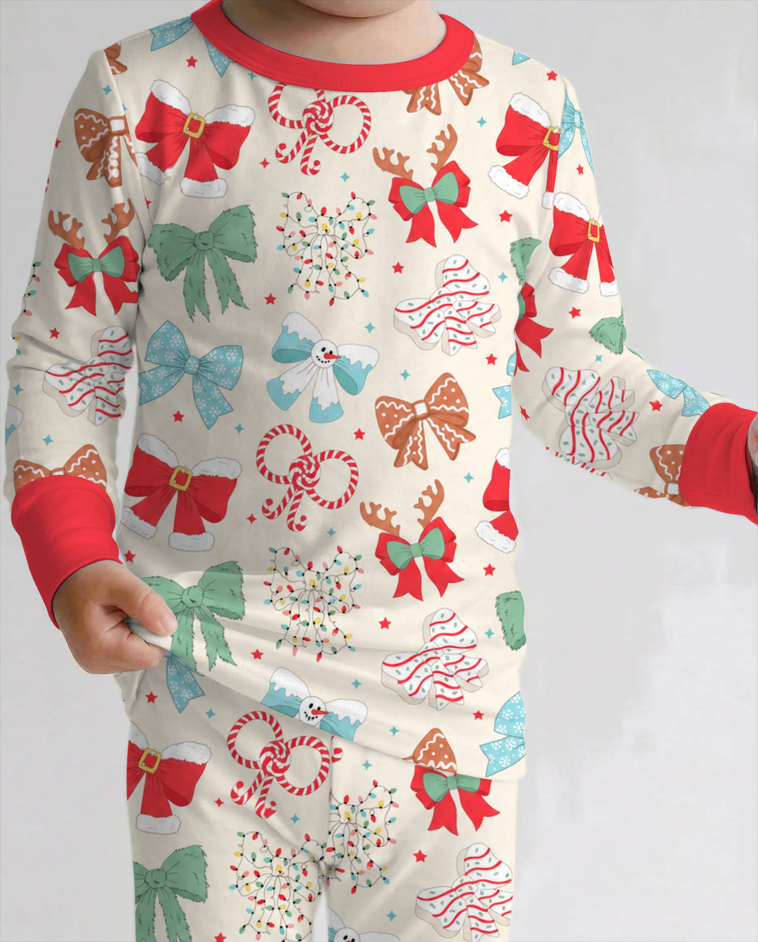 Whimsical Christmas Holiday Bows Bamboo Two Piece Long Sleeve Pajama Set