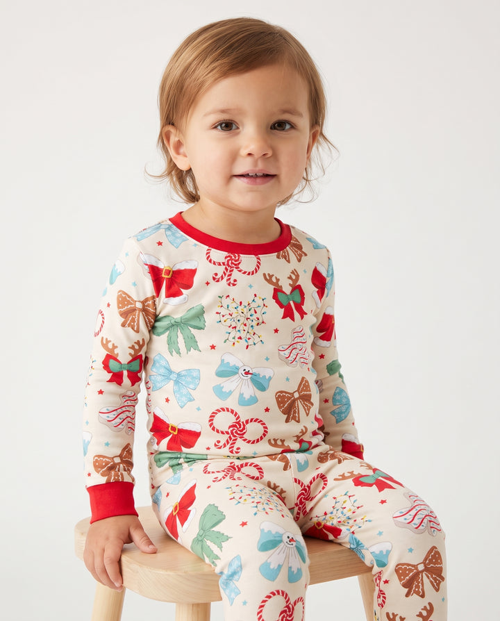 Whimsical Christmas Holiday Bows Bamboo Two Piece Long Sleeve Pajama Set