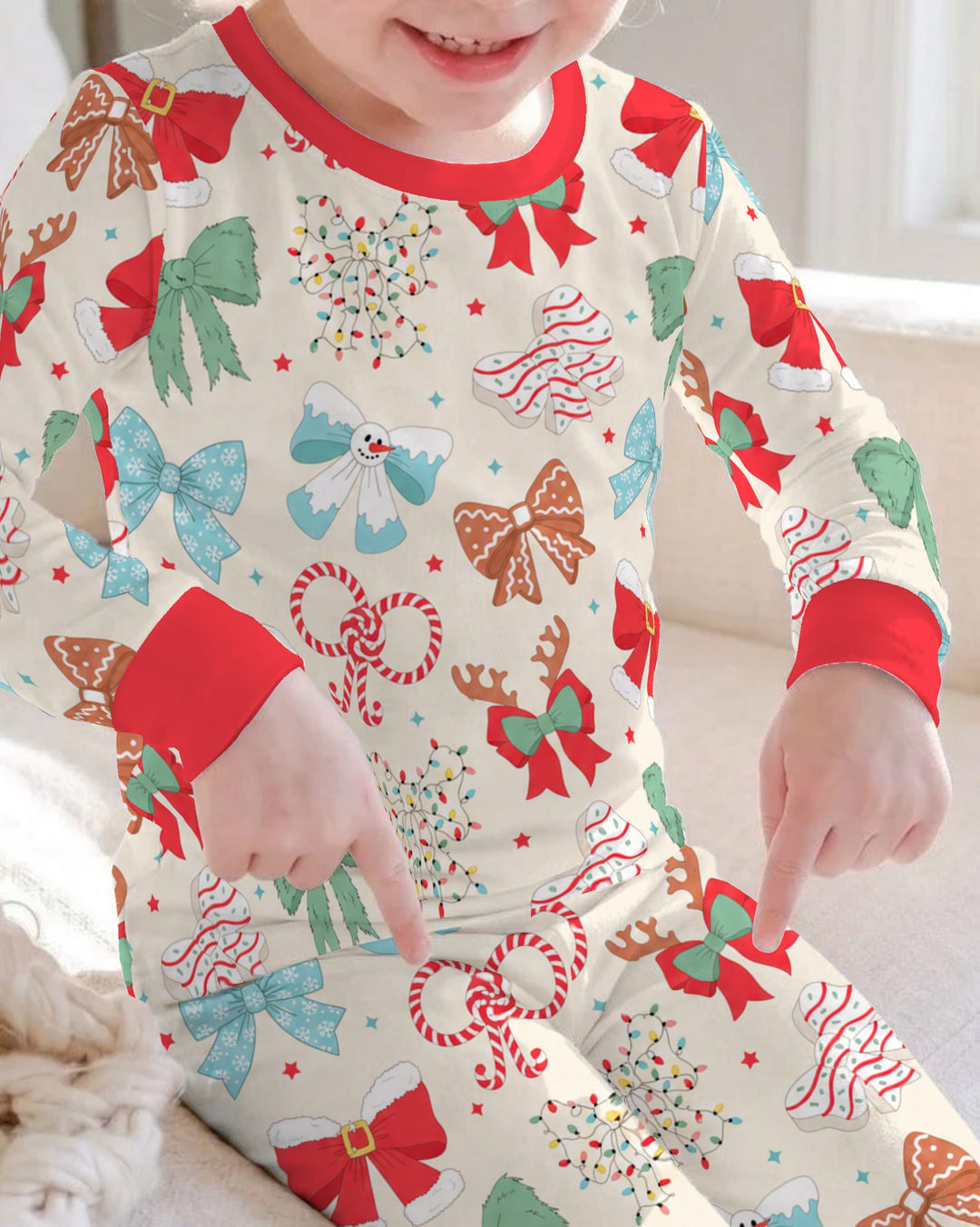 Whimsical Christmas Holiday Bows Bamboo Two Piece Long Sleeve Pajama Set