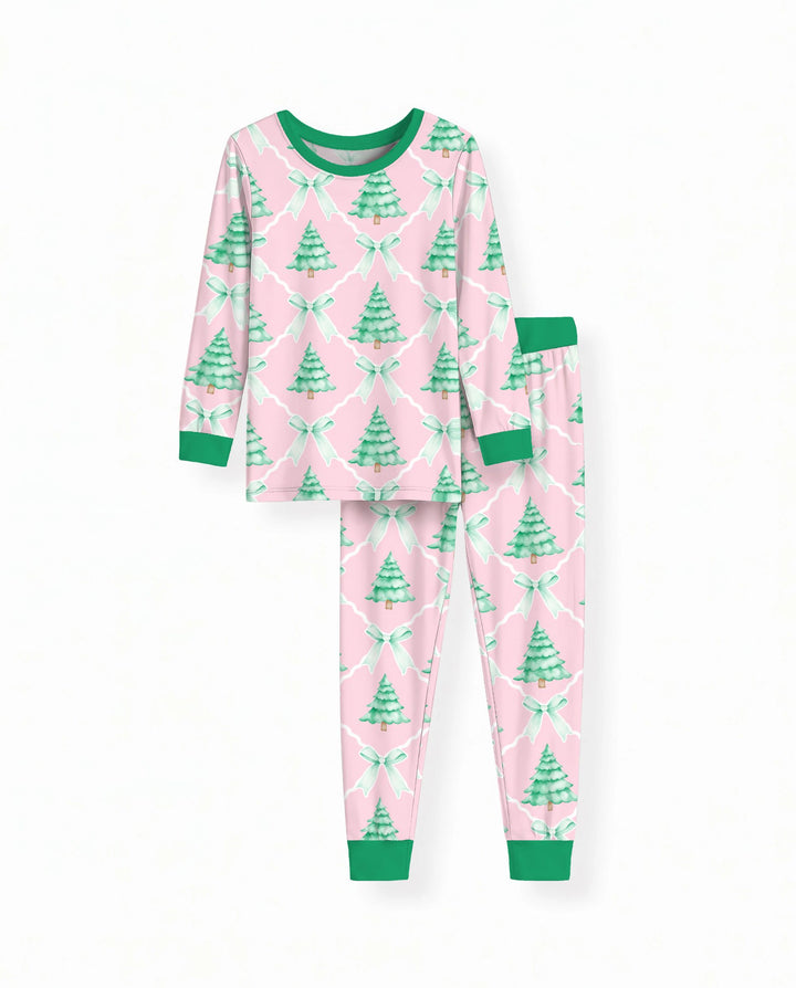 Mint Green Christmas Tree Bow Lattice Bamboo Two Piece Long Sleeve Pajama Set
