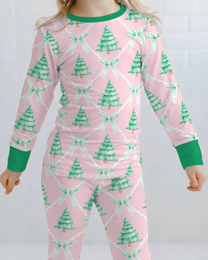 Mint Green Christmas Tree Bow Lattice Bamboo Two Piece Long Sleeve Pajama Set