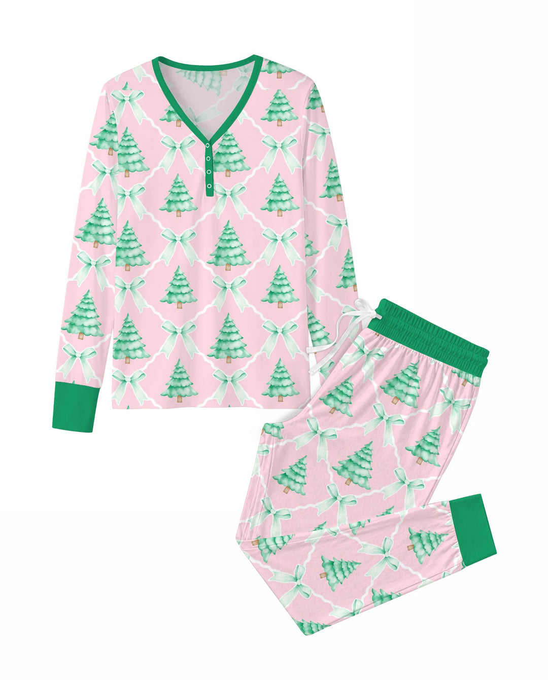 Mint Green Christmas Tree Bow Lattice Bamboo Women Pajama Set