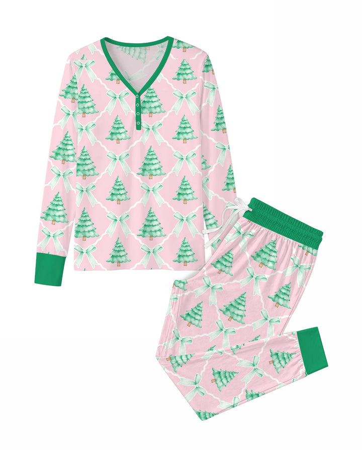 Mint Green Christmas Tree Bow Lattice Bamboo Women Pajama Set