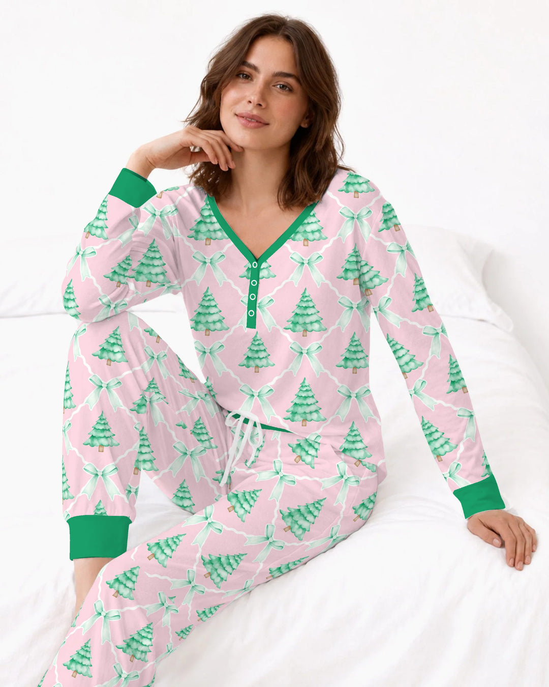 Mint Green Christmas Tree Bow Lattice Bamboo Women Pajama Set