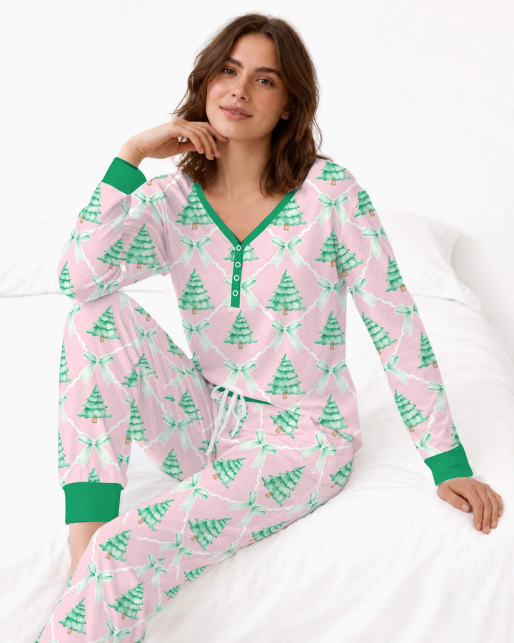 Mint Green Christmas Tree Bow Lattice Bamboo Women Pajama Set
