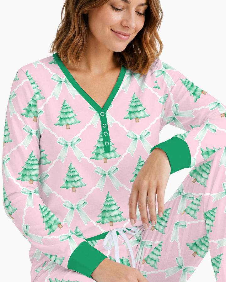 Mint Green Christmas Tree Bow Lattice Bamboo Women Pajama Set