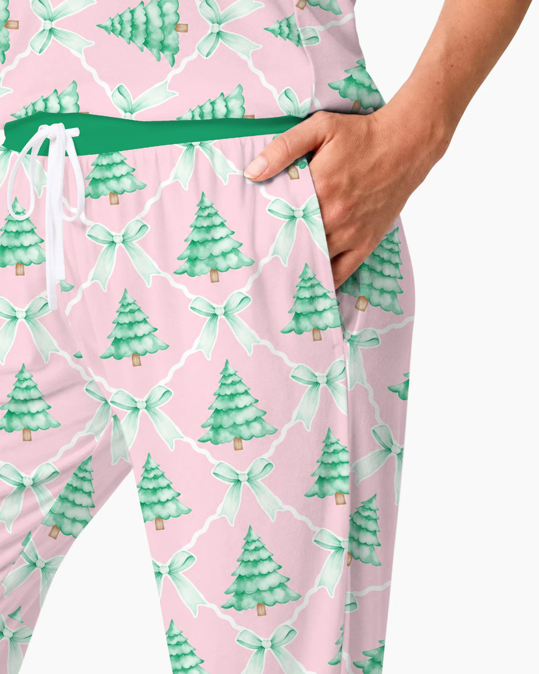 Mint Green Christmas Tree Bow Lattice Bamboo Women Pajama Set