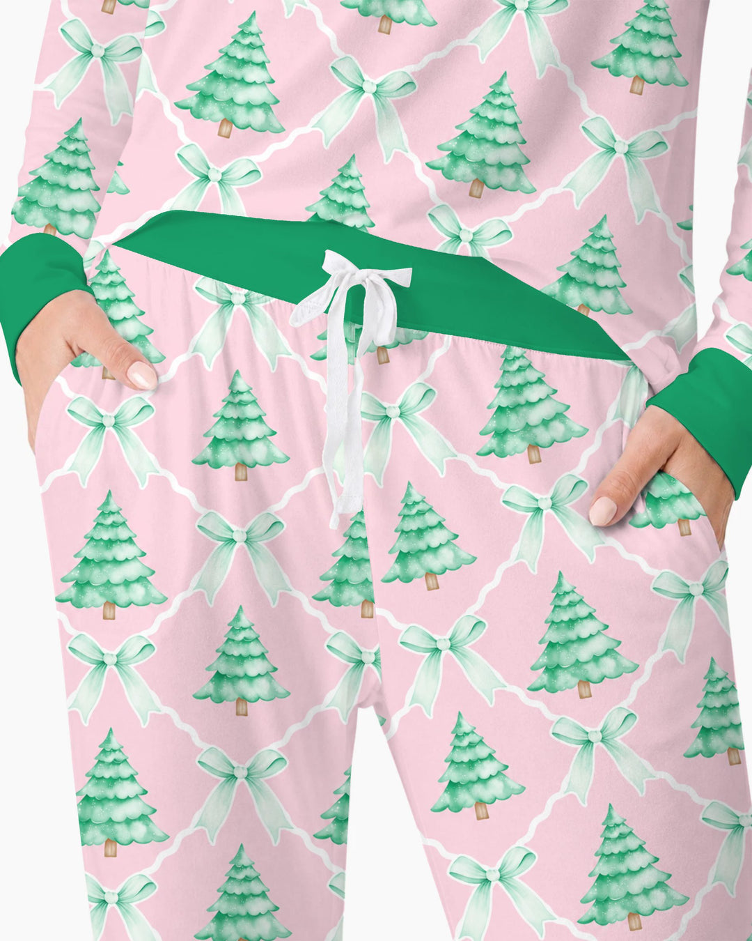 Mint Green Christmas Tree Bow Lattice Bamboo Women Pajama Set