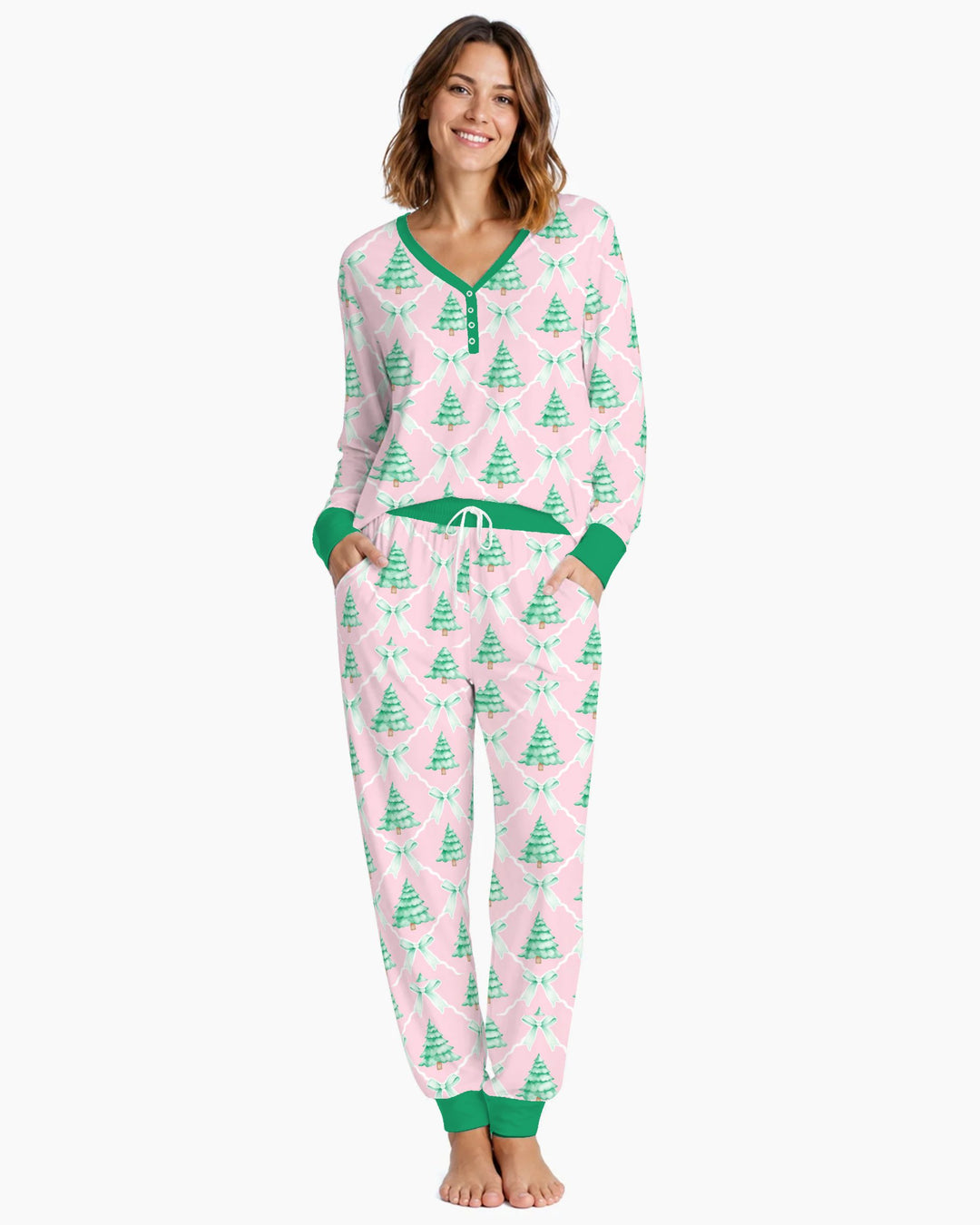 Mint Green Christmas Tree Bow Lattice Bamboo Women Pajama Set