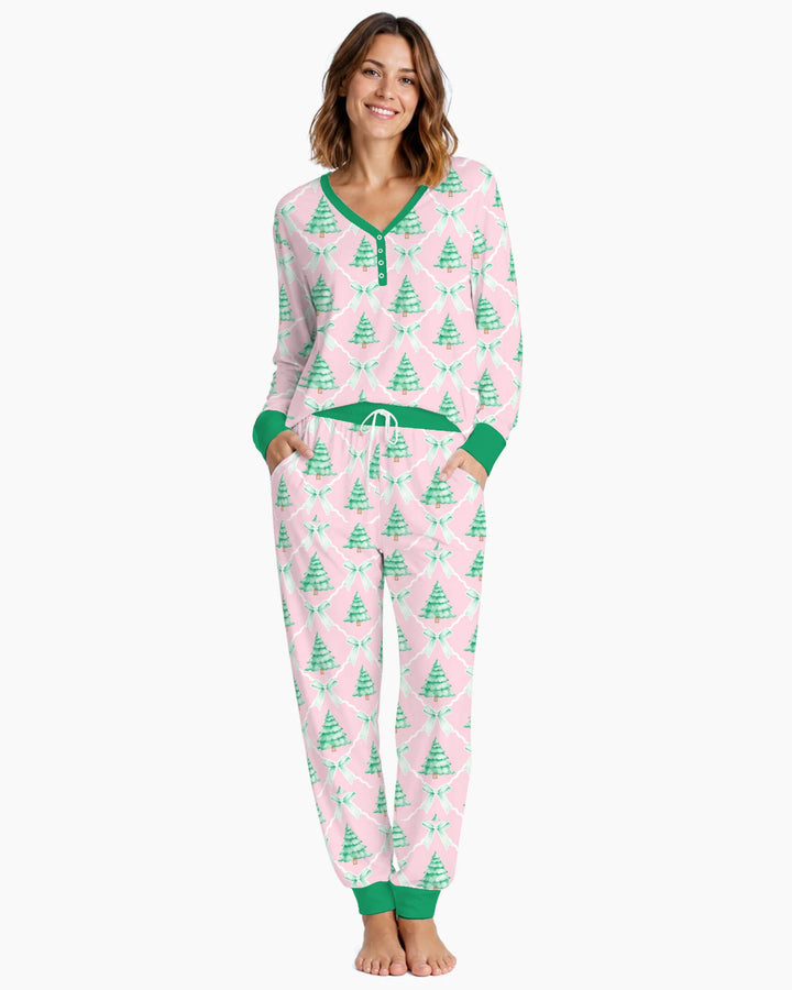 Mint Green Christmas Tree Bow Lattice Bamboo Women Pajama Set