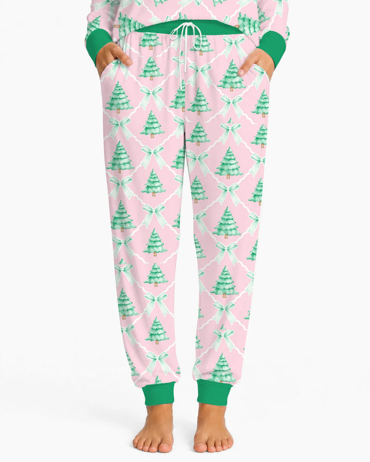 Mint Green Christmas Tree Bow Lattice Bamboo Women Pajama Set
