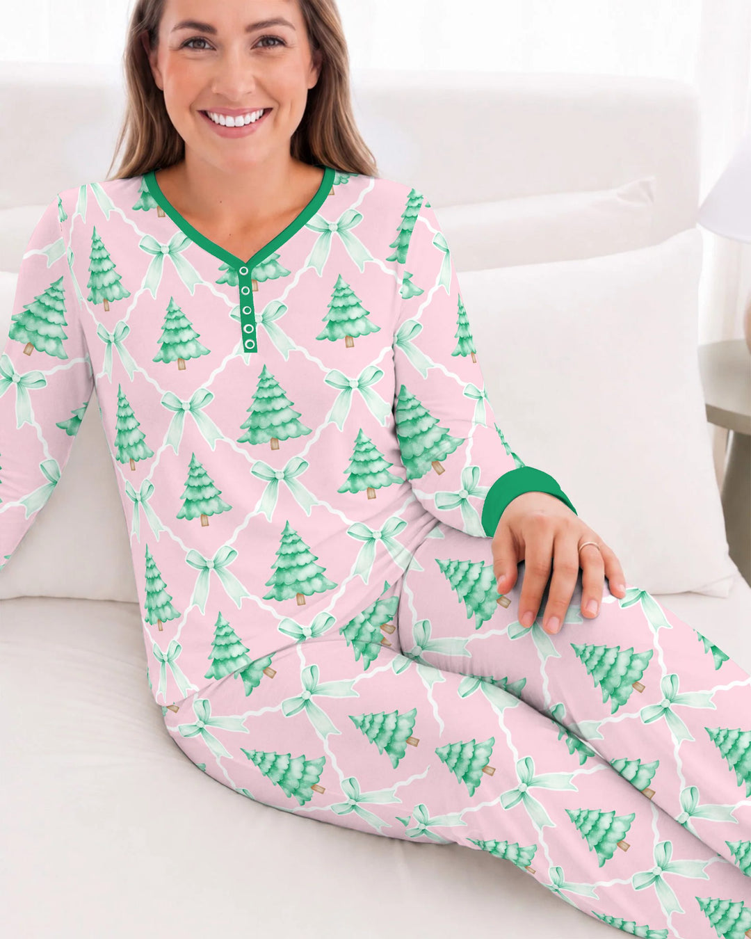 Mint Green Christmas Tree Bow Lattice Bamboo Women Pajama Set
