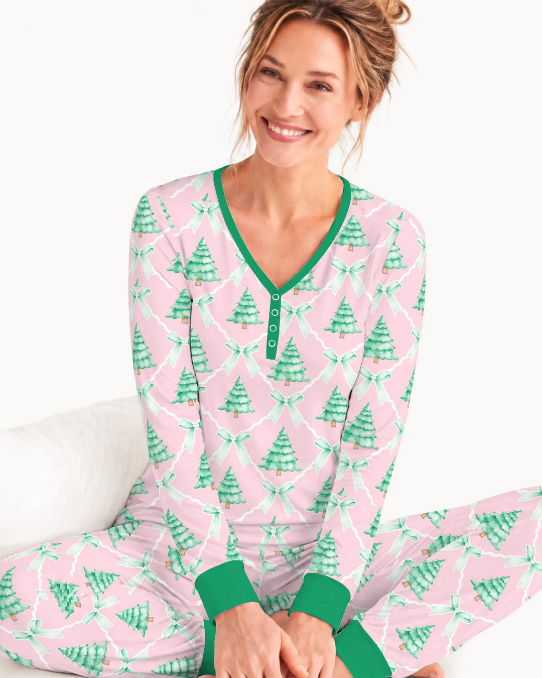 Mint Green Christmas Tree Bow Lattice Bamboo Women Pajama Set