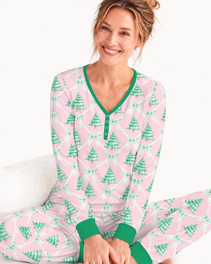 Mint Green Christmas Tree Bow Lattice Bamboo Women Pajama Set