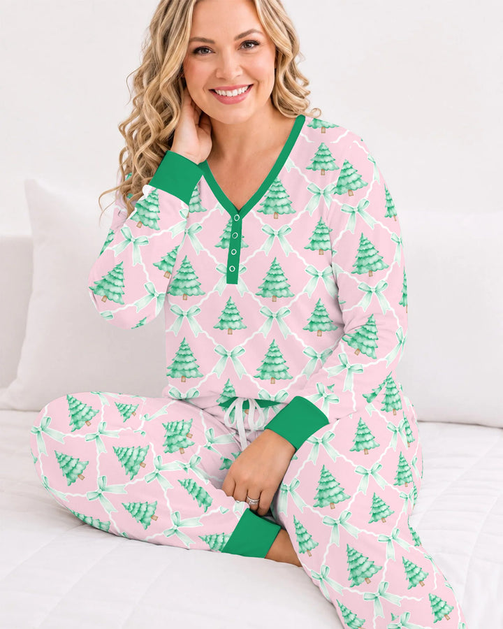 Mint Green Christmas Tree Bow Lattice Bamboo Women Pajama Set