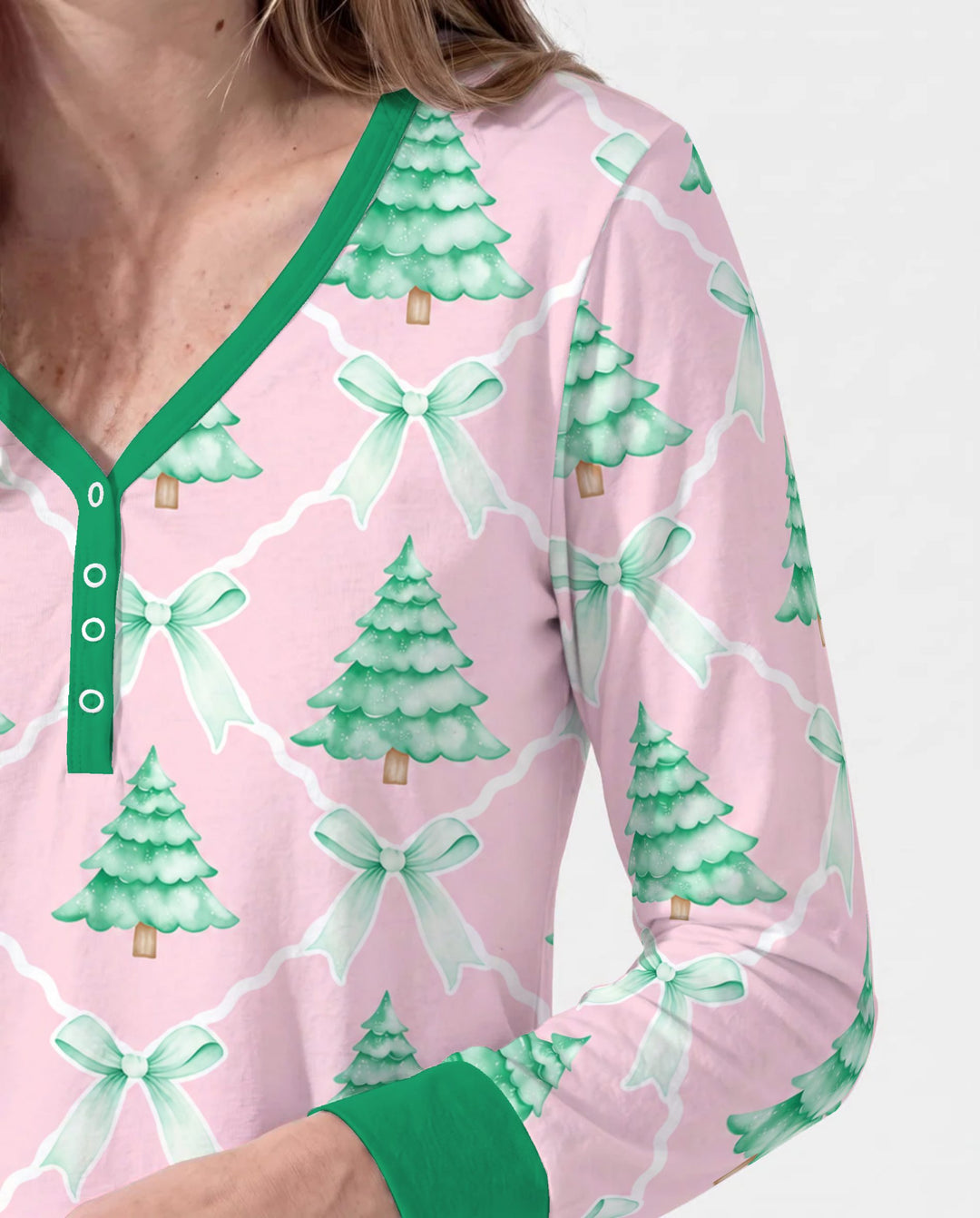 Mint Green Christmas Tree Bow Lattice Bamboo Women Pajama Set