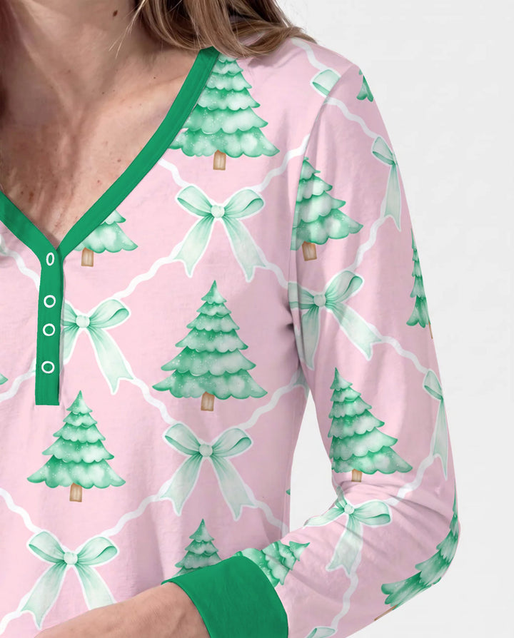 Mint Green Christmas Tree Bow Lattice Bamboo Women Pajama Set