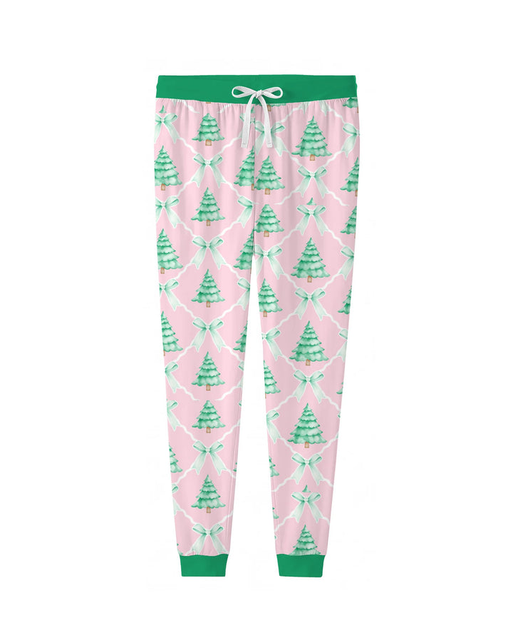 Mint Green Christmas Tree Bow Lattice Bamboo Women Pajama Set
