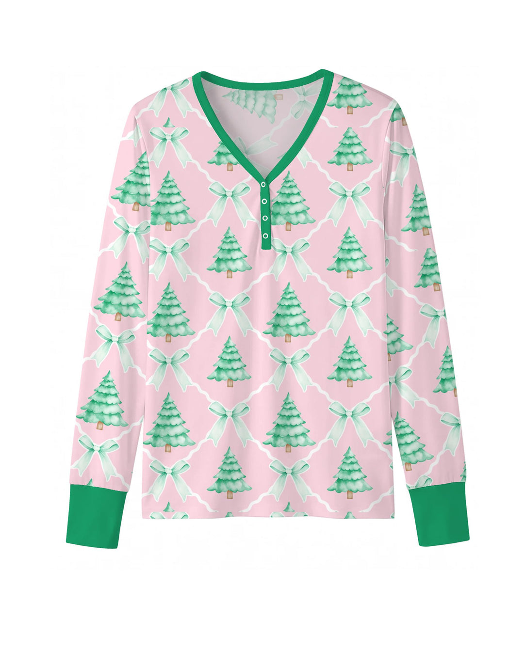 Mint Green Christmas Tree Bow Lattice Bamboo Women Pajama Set