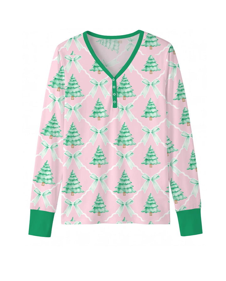 Mint Green Christmas Tree Bow Lattice Bamboo Women Pajama Set