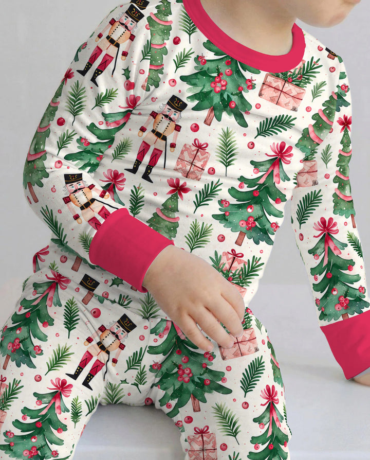 Pink Nutcracker Christmas Tree Toss Bamboo Two Piece Long Sleeve Pajama Set