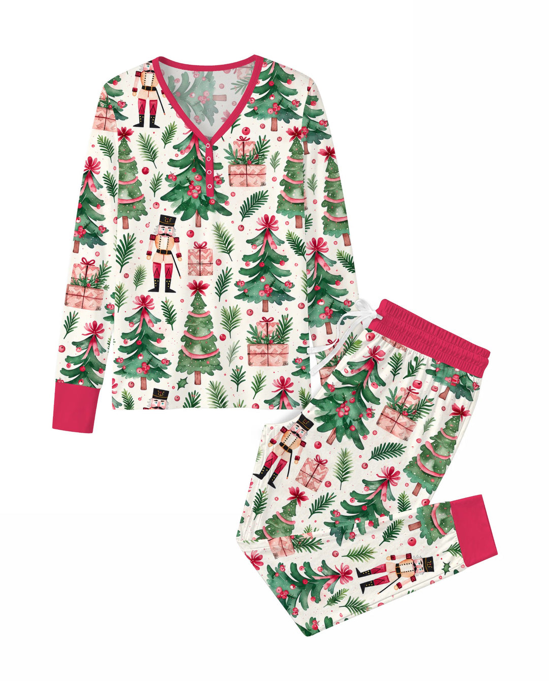 Pink Nutcracker Christmas Tree Toss Bamboo Women Pajama Set