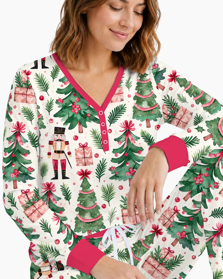 Pink Nutcracker Christmas Tree Toss Bamboo Women Pajama Set