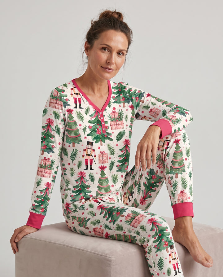 Pink Nutcracker Christmas Tree Toss Bamboo Women Pajama Set