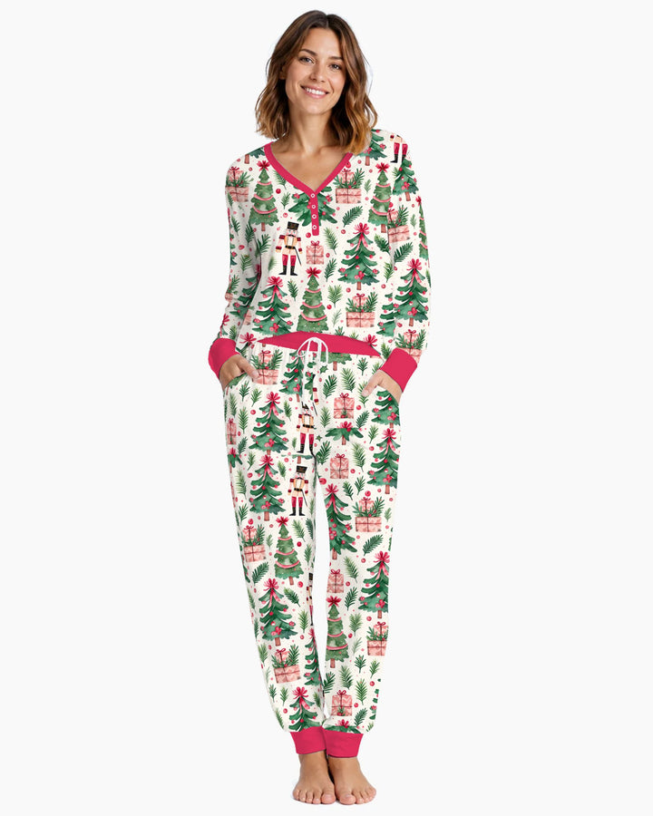 Pink Nutcracker Christmas Tree Toss Bamboo Women Pajama Set