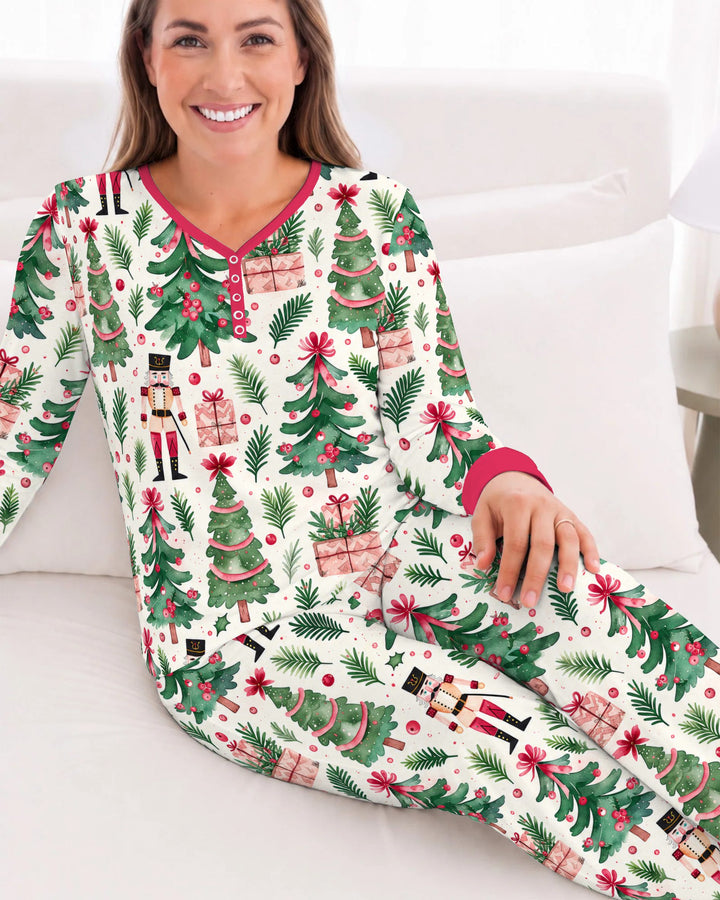 Pink Nutcracker Christmas Tree Toss Bamboo Women Pajama Set