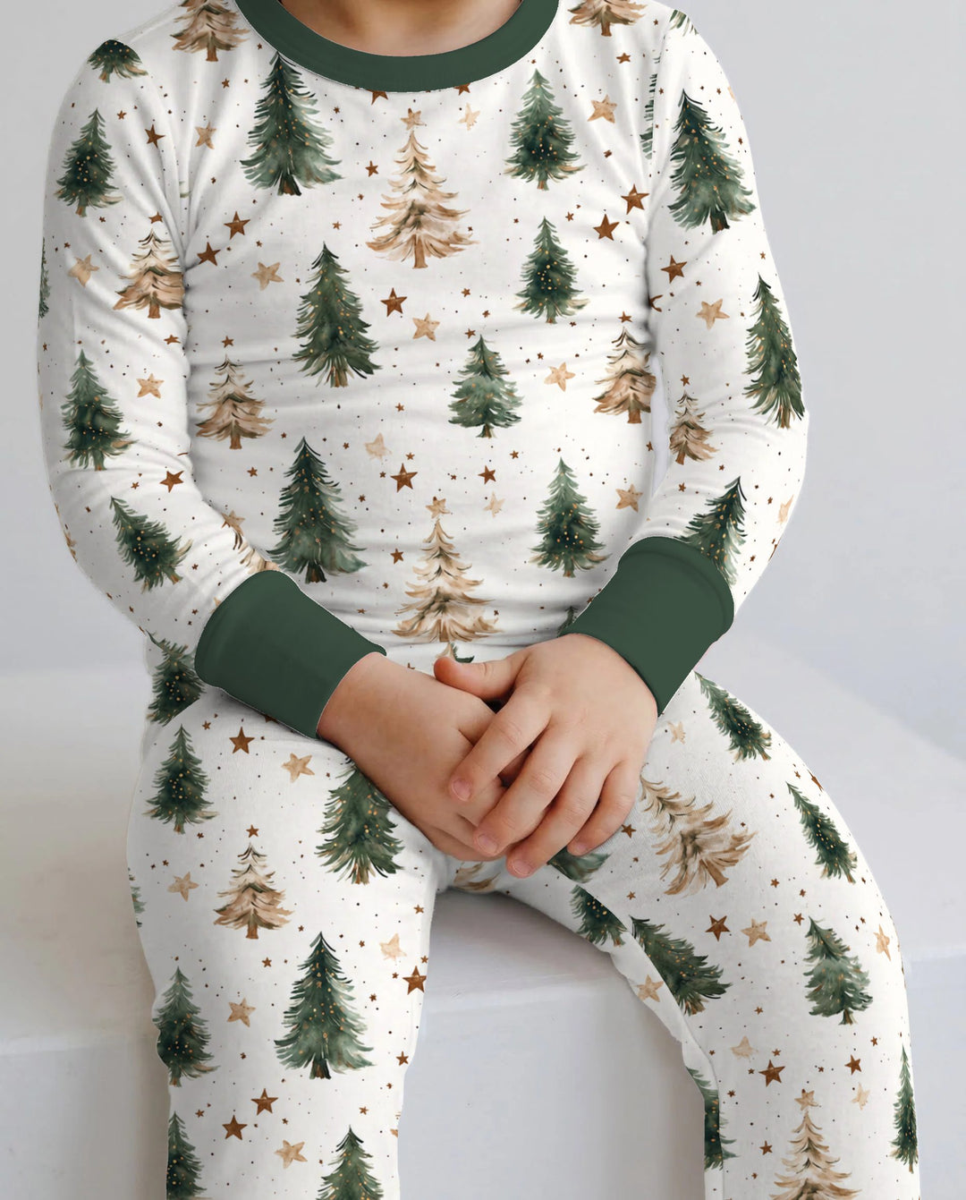 Rustic Watercolor Christmas Tree Stars Bamboo Two Piece Long Sleeve Pajama Set