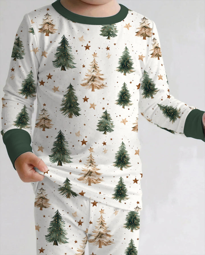 Rustic Watercolor Christmas Tree Stars Bamboo Two Piece Long Sleeve Pajama Set