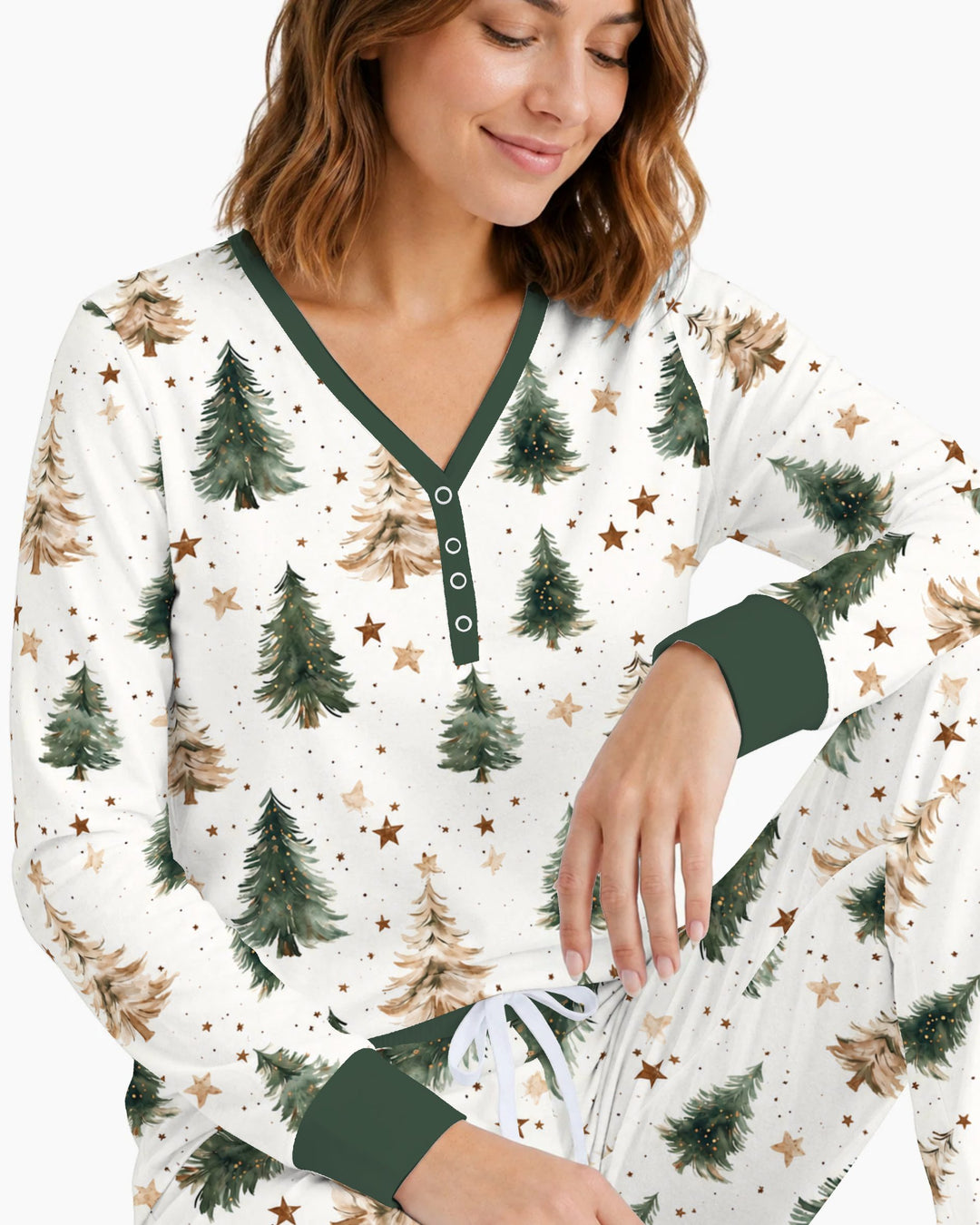 Rustic Watercolor Christmas Tree Stars Bamboo Women Pajama Set