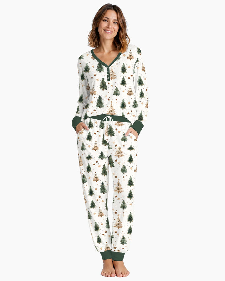 Rustic Watercolor Christmas Tree Stars Bamboo Women Pajama Set