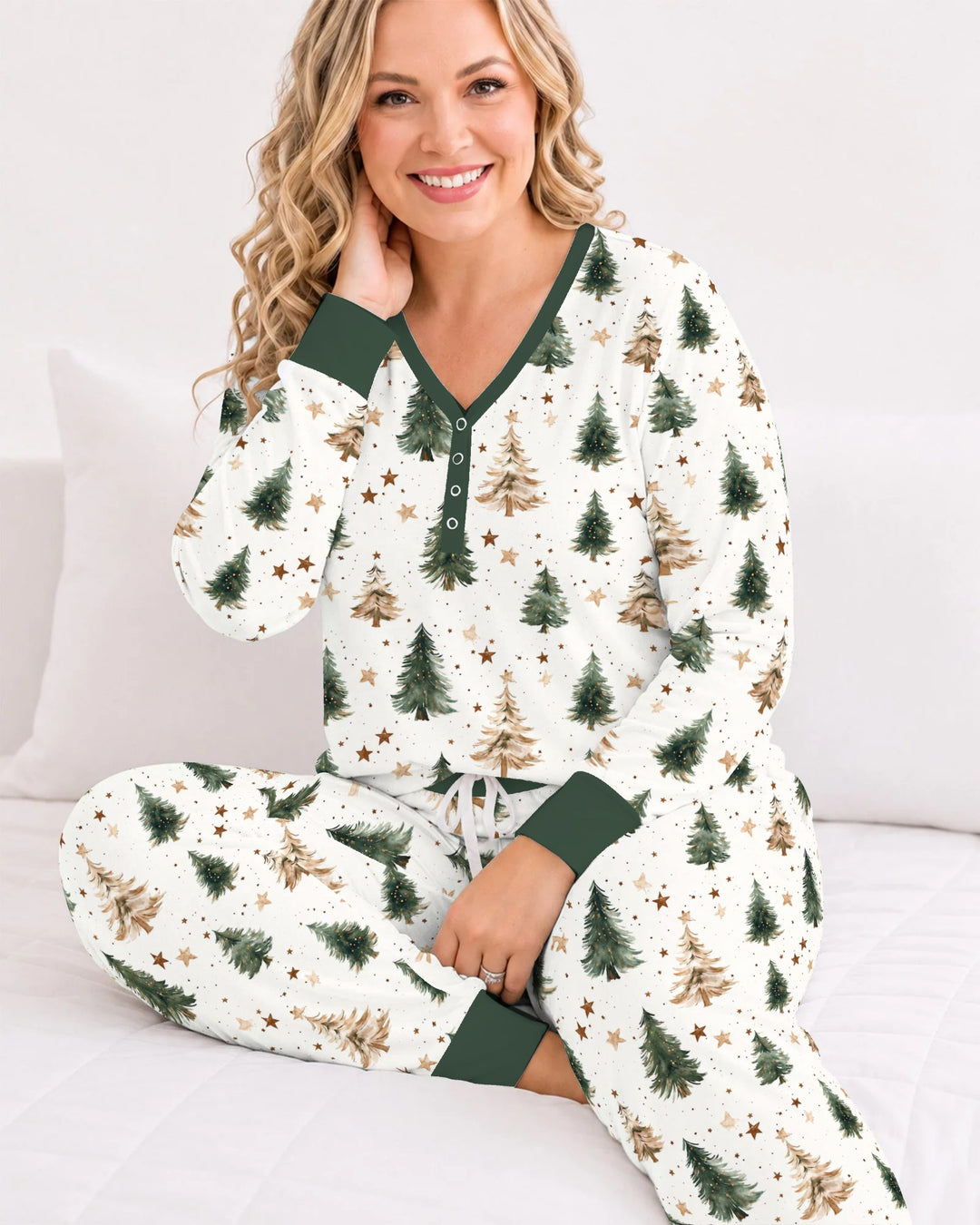 Rustic Watercolor Christmas Tree Stars Bamboo Women Pajama Set