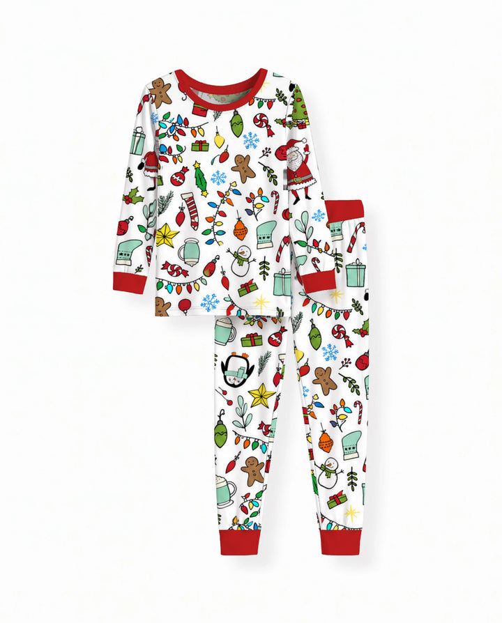 Colorful Christmas Holiday Doodle Toss Bamboo Two Piece Long Sleeve Pajama Set