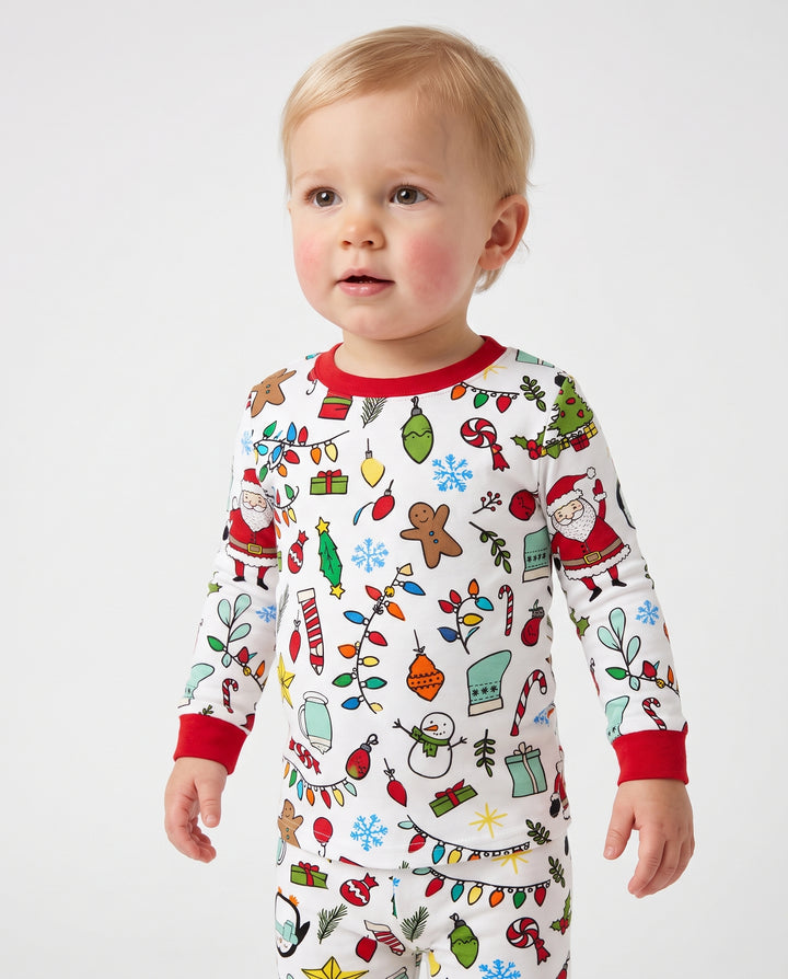 Colorful Christmas Holiday Doodle Toss Bamboo Two Piece Long Sleeve Pajama Set