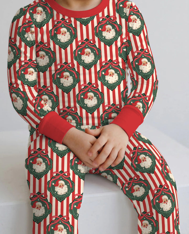 Vintage Santa Christmas Ornament Stripes Bamboo Two Piece Long Sleeve Pajama Set