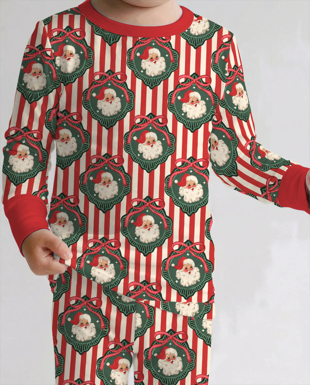 Vintage Santa Christmas Ornament Stripes Bamboo Two Piece Long Sleeve Pajama Set