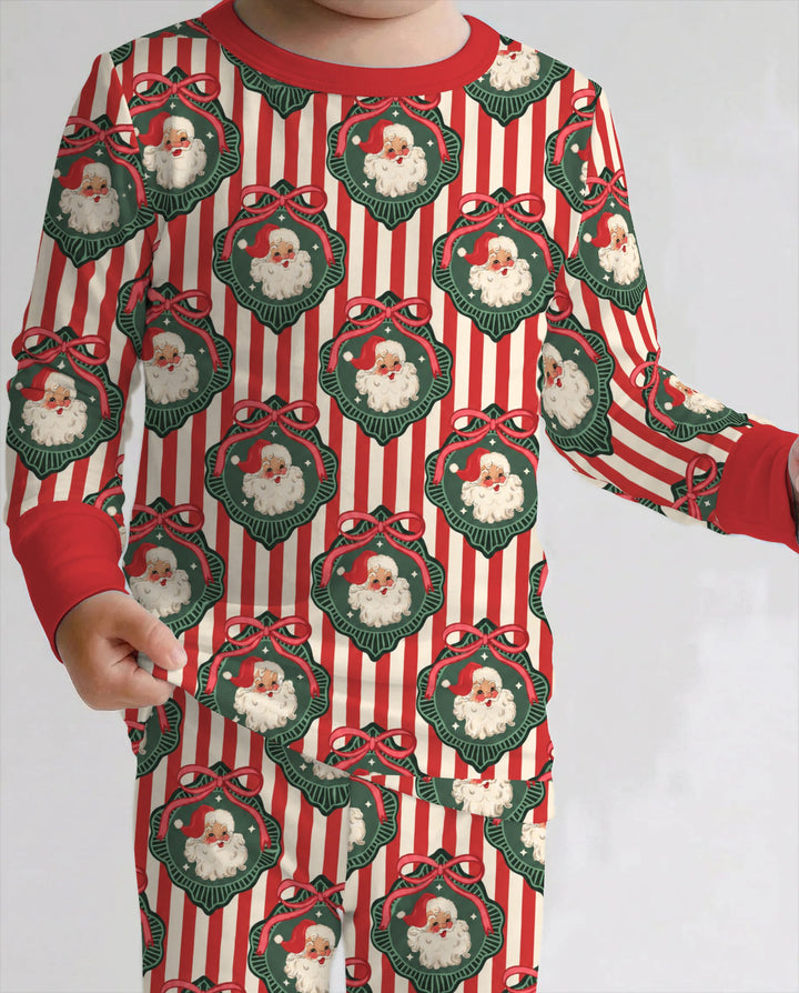 Vintage Santa Christmas Ornament Stripes Bamboo Two Piece Long Sleeve Pajama Set